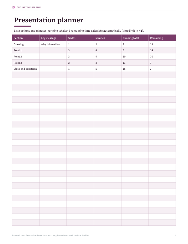 Preview of Printable Presentation Planner